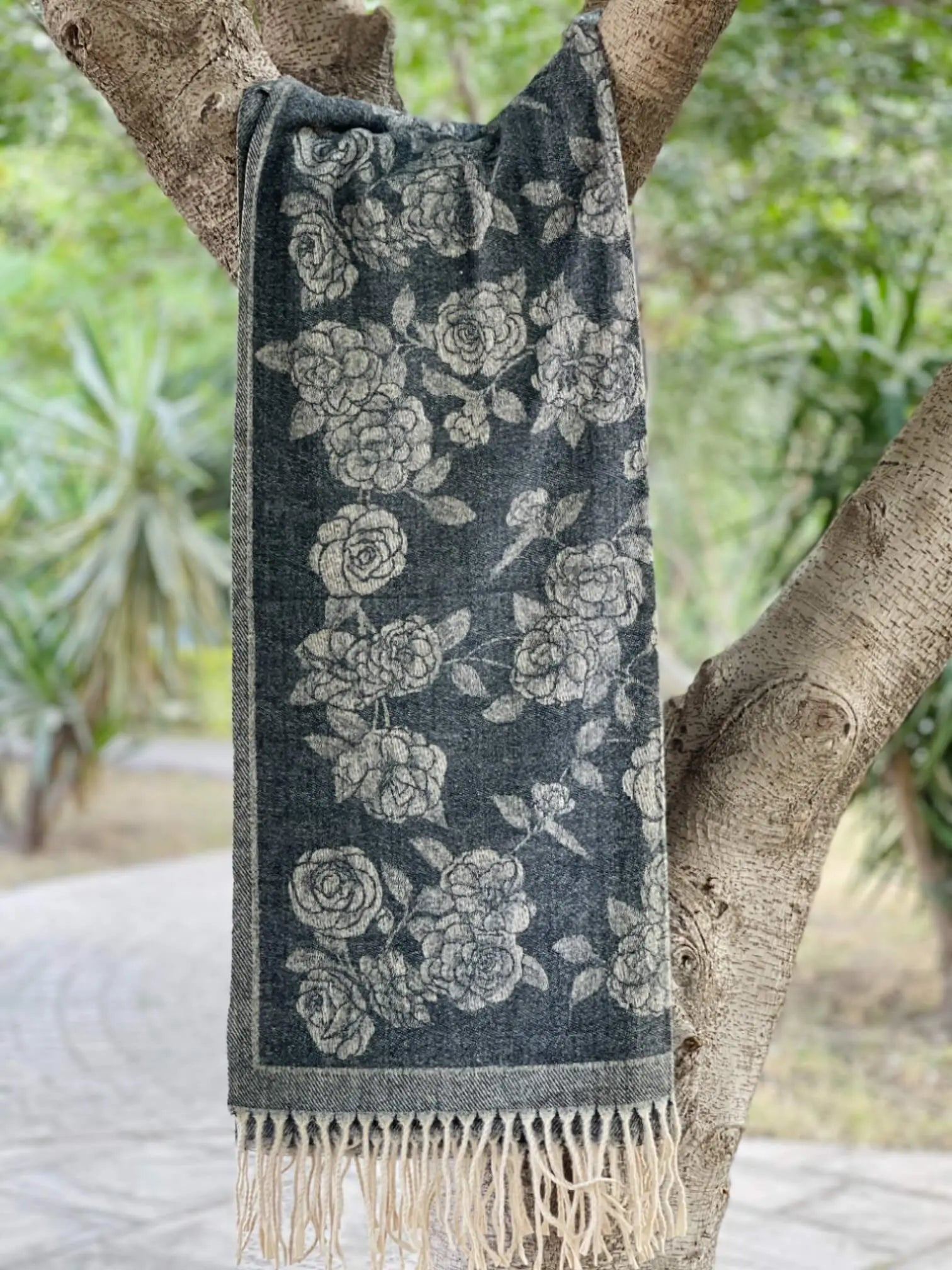 Black Floral Cashmere Wool Hijab