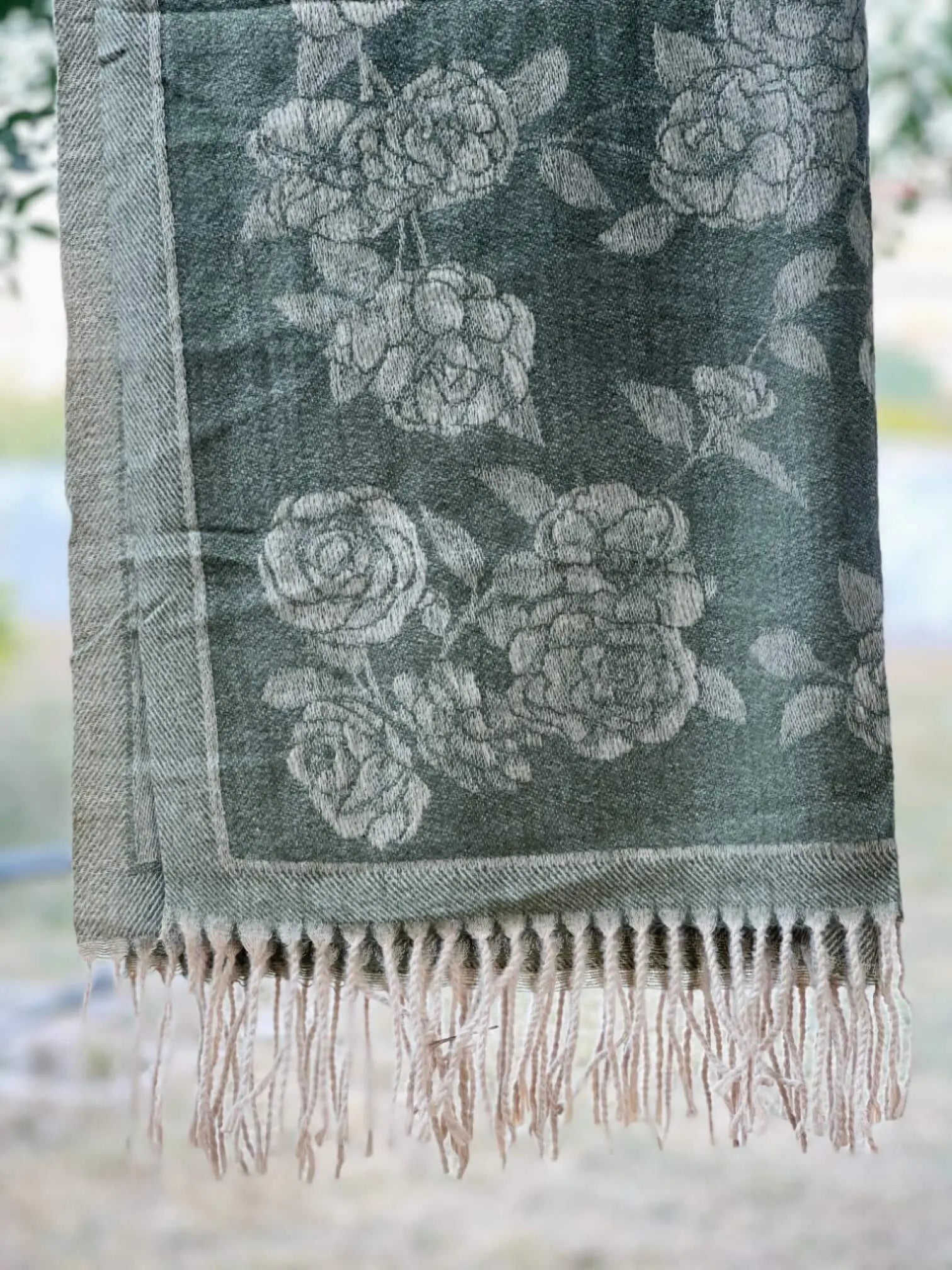 Green and Skin Floral Cashmere Wool Hijab