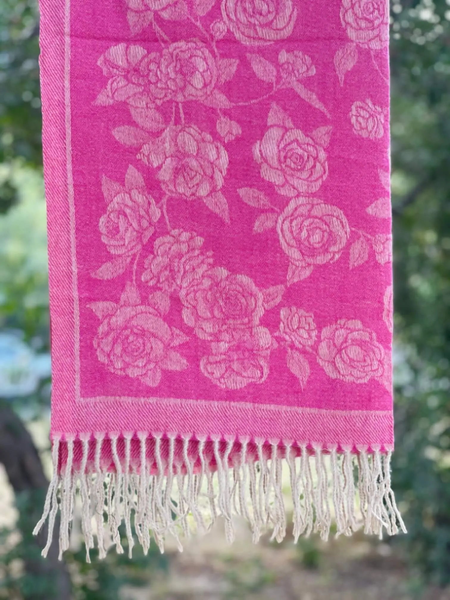 Shocking Pink Floral Cashmere Wool Hijab