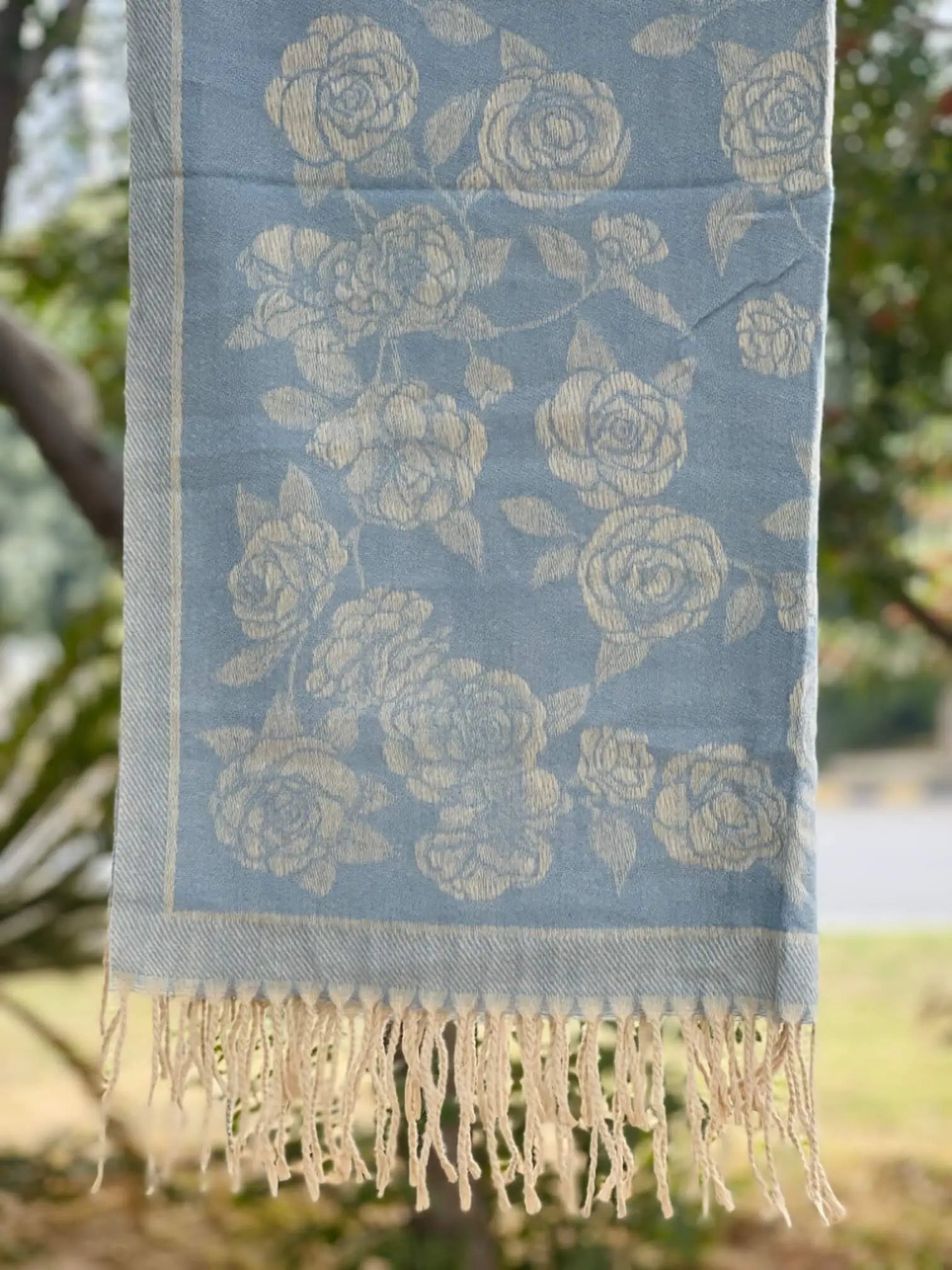 Sky Blue Floral Cashmere Wool Hijab